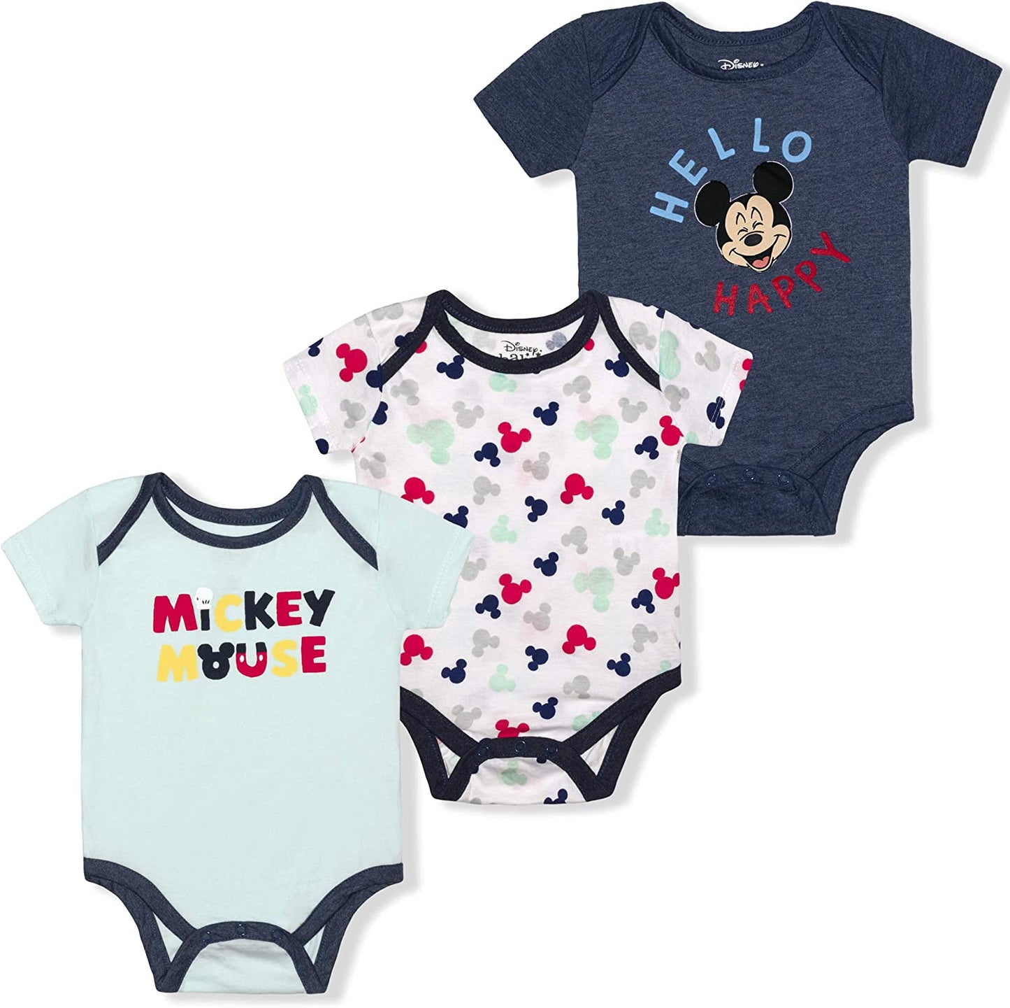 Disney Mickey Mouse Boys’ Short Sleeve 3 Pack Bodysuits for Newborn – Navy/Blue/White