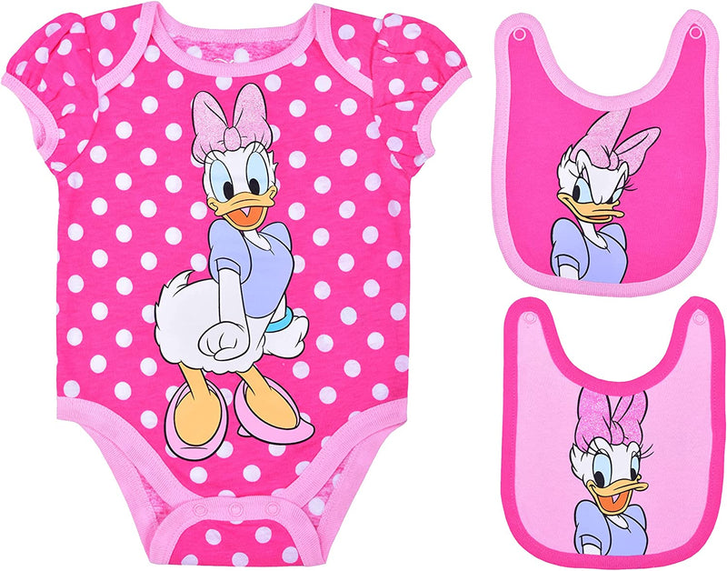 Disney Baby Girls' Minnie, Daisy Duck, or Cinderella 2 Bibs and Bodysuit Pack, Pink