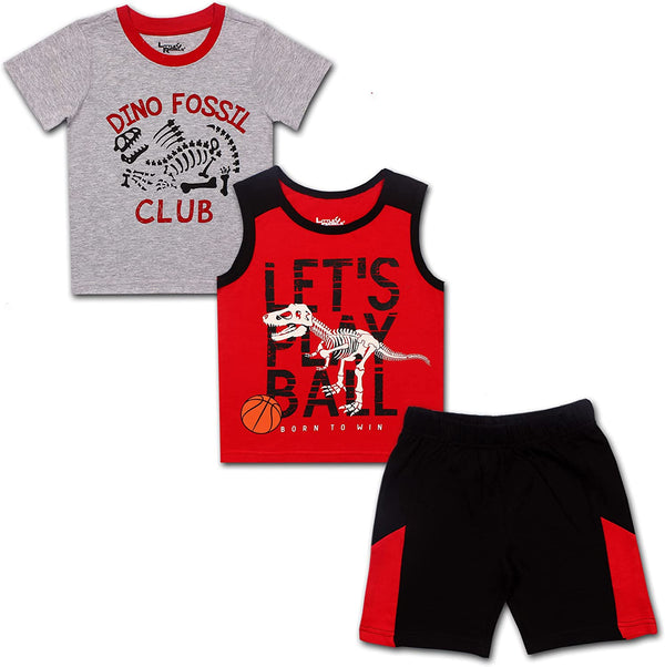 Little Rebels Boy's 3-Pack Dino Fossil Club Tee, Sleeveless Shirt and Short Set, Grey/Red, Size 4