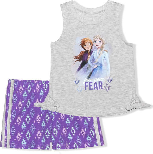 Disney Frozen Elsa and Anna Girls’ Tank Top and Shorts Set for Toddler and Little Kids – Purple/Grey