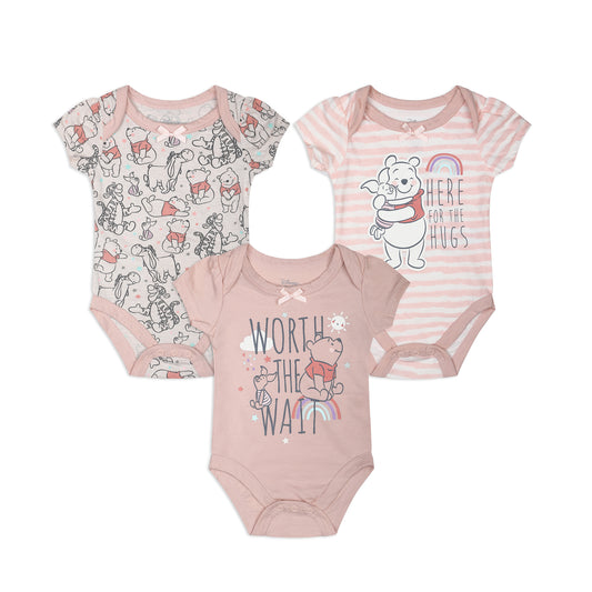 Disney Girls’ Dumbo, Princess Or Winnie The Pooh 3 Pack Bodysuit for Newborn – Pink/Grey or Pink/Green/Grey or Pink/Beige