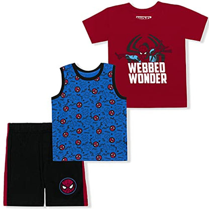 Marvel Spiderman Boys’ Tee, Tank Top and Short Set for Toddler and Little Boy – Red/Blue/Black/Orange/White/Gray