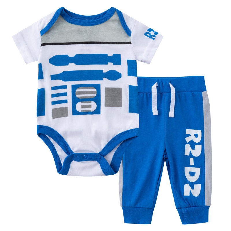 Star Wars Boys’ Darth Vader or R2D2 Bodysuit and Jogger with Drawstring Set for Newborn and Infant – Black/White