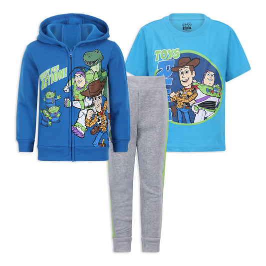 Disney Toy Story Boys T-Shirt, Zip Up Hoodie and Jogger Pants Set for Toddler and Little Kids – Green/Blue