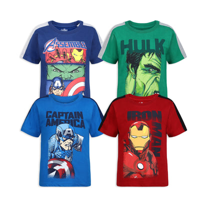 Marvel Avengers Captain America, Hulk and Iron Man Boys’ 4 Pack T-Shirt for Toddler and Little Kids - Navy/Blue/Green/Red