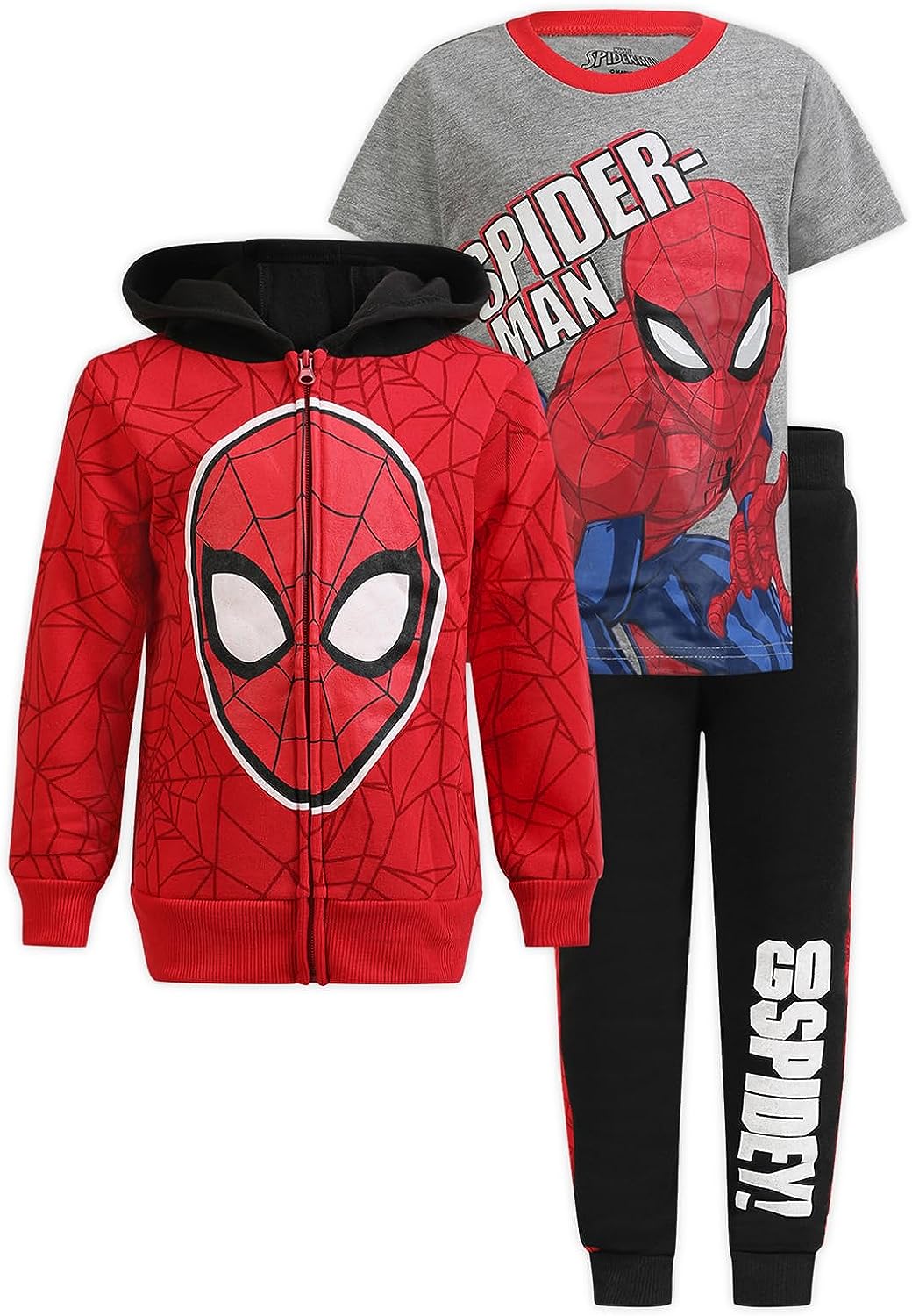 Marvel Spiderman Boys? Zip-Up Hoodie, T-Shirt and Jogger Set for Toddler and Little Kids ? Red/Grey/Black