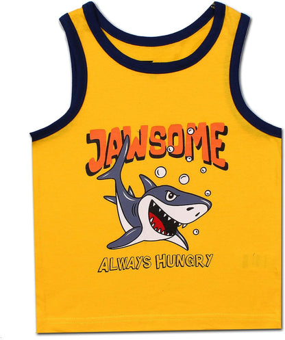 10 Threads Dino and Shark Boys 2 Pack Tank Tops for Toddler and Little Kids ? Yellow/Grey/White/Blue