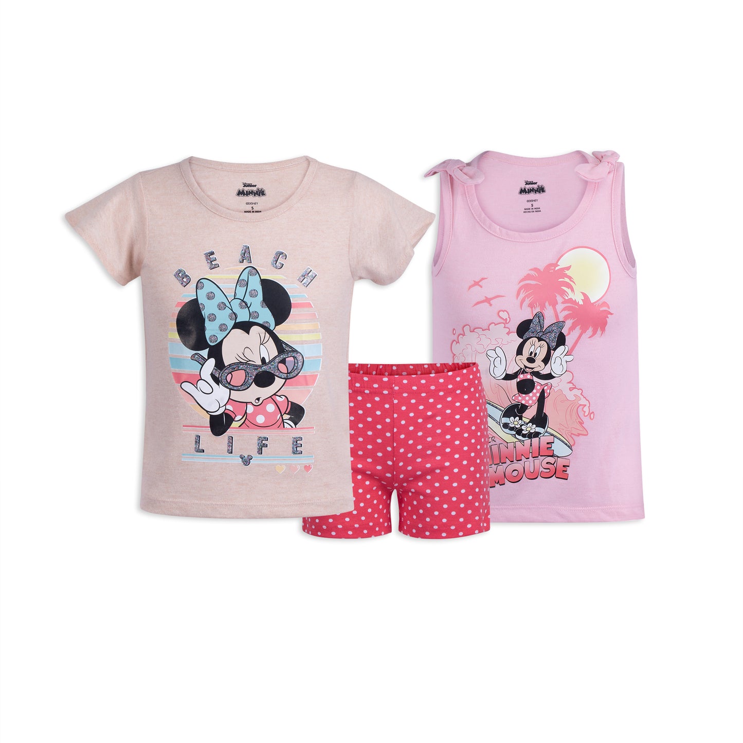 Disney Minnie Mouse Girls’ Short Sleeve Shirt, Tank Top, and Shorts Set for Toddler and Little Kids