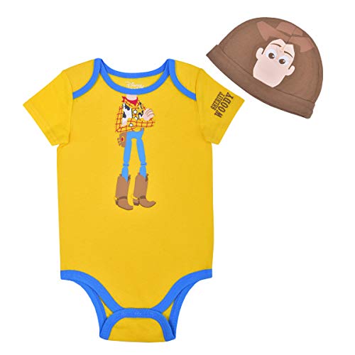 Disney Toy Story Woody and Buzz Boys’ Costume Bodysuit and Cap Set for Newborn and Infant – Blue/Green or Yellow/Brown