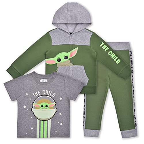 Star Wars Baby Yoda Boys’ T-Shirt, Zip Up Hoodie and Jogger Set for Infant, Toddler and Little Kids – Green/Grey