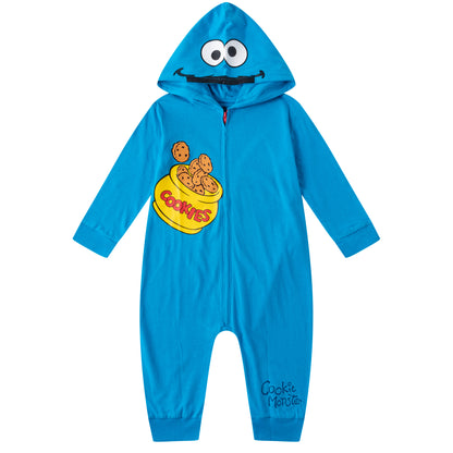 Sesame Street Boys’ Elmo or Cookie Monster Zip Up Long Sleeve Hooded Romper for Newborn, Infant and Toddler Kids