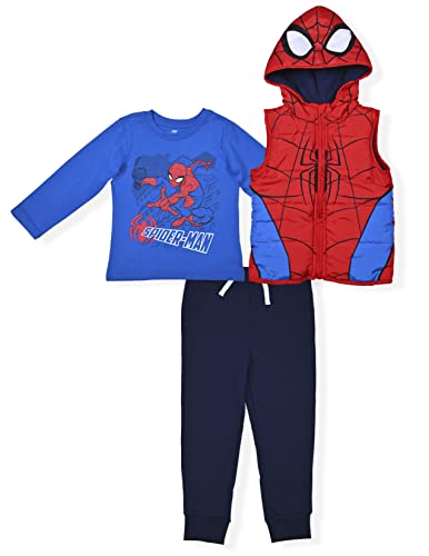 Marvel Spiderman Boys Hooded Vest, Long Sleeve T-Shirt and Jogger Pants Set for Toddler and Little Kids – Blue/Red/Navy