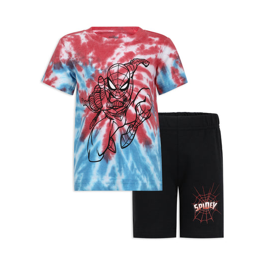 Marvel Spiderman Boys Tie Dye Short Sleeve Shirt and Shorts Set for Toddler and Little Kids -Black/Blue/Red