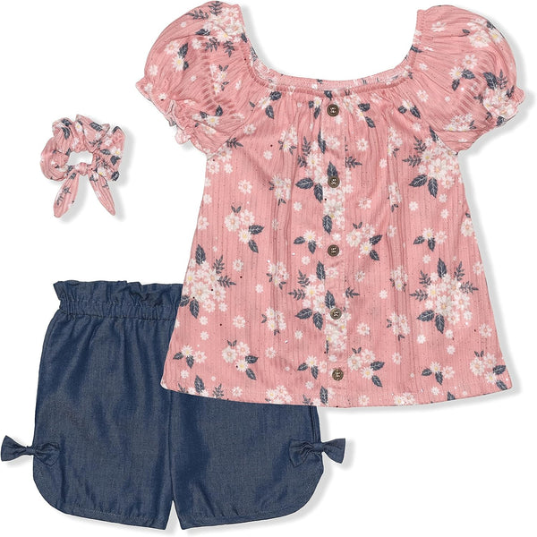 Nannette Girls? Blouse, Short and Scrunchie Set for Infant, Toddler and Little Kids ? Blue/Coral/Pink