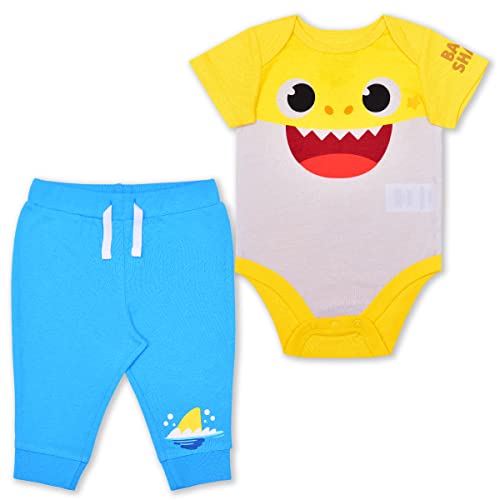 Nickelodeon Baby Shark Boys’ Short Sleeve Bodysuit and Jogger Set for Newborn and Infant – Blue/ Yellow