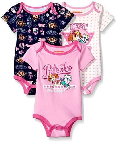 Nickelodeon Paw Patrol Skye and Everest Girls’ 3 Pack Bodysuit for Newborn and Infant – Pink/Navy/White