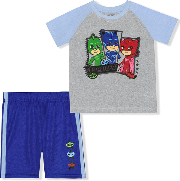 PJ Masks Catboy, Owlette and Gekko Boys’ T-Shirt and Shorts Set for Toddler and Little Kids – Blue/Grey