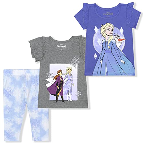 Disney Frozen Girls’ Elsa, Anna and Olaf T-Shirts and Legging Set for Toddler and Little Kids – Purple/Blue/Gray