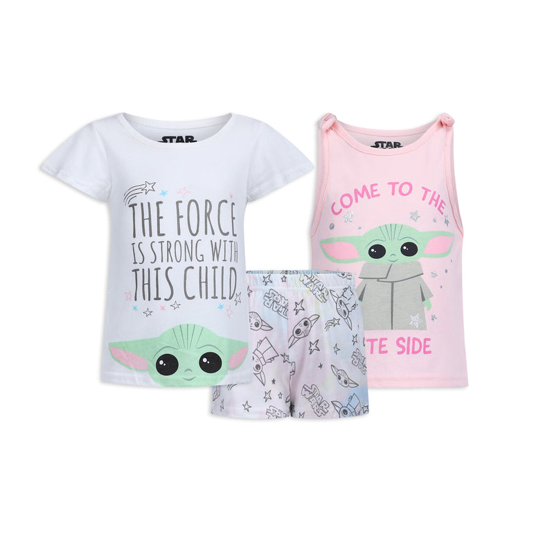 Star Wars Baby Yoda Girls’ Short Sleeve Shirt, Tank Top and Shorts Set for Toddler and Little Kids – Pink/White