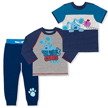 Nickelodeon Blue’s Clues Boys T-Shirt, Long Sleeve Shirt and Jogger Set for Toddler – Navy/Grey