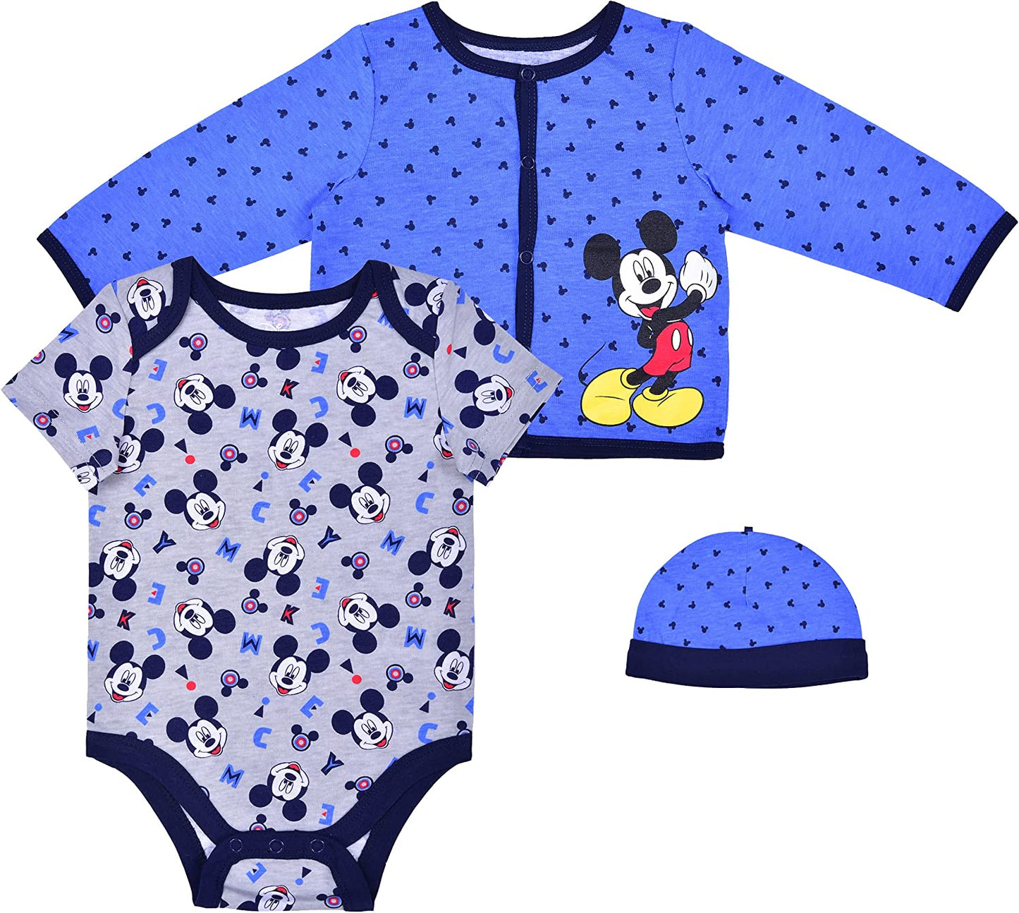 Disney Mickey Mouse Boys’ Bodysuit, Sweater, Jogger and Hat Set for Newborn – Blue/Navy/Grey