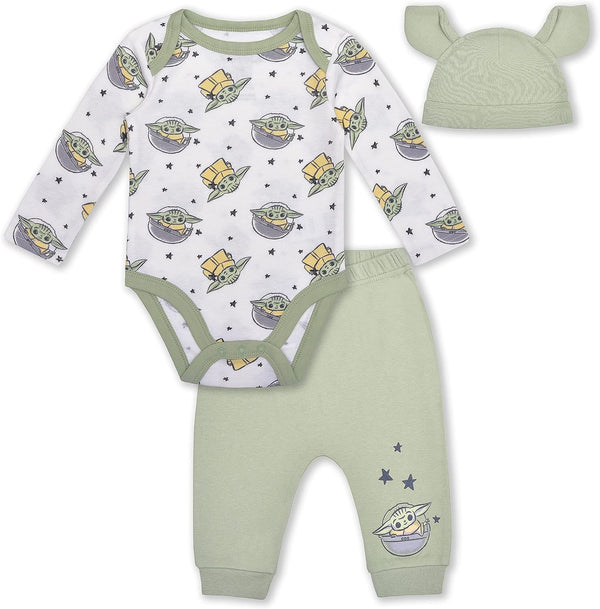 STAR WARS Baby Yoda Boys? Long Sleeve Bodysuit, Jogger and Hat Set for Newborn ?White/Green