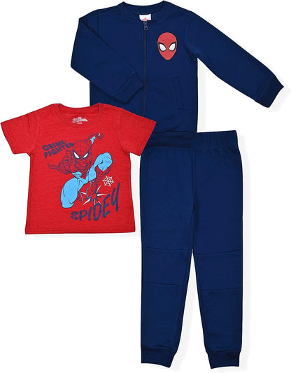 Marvel Spiderman Boys? Zip Up Hoodie, T-Shirt and Jogger Set for Toddler and Little Kids ? Navy/Red