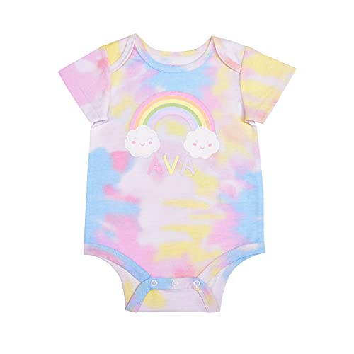 Young Hearts Baby Girl's "Isabella" Name Printed Short Sleeve Rainbow Tie Dye Creeper