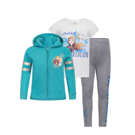 Disney Frozen Girls T-Shirt, Zip Up Hoodie and Legging Pants Set for Toddler and Little Kids – White/Grey/Navy/Blue