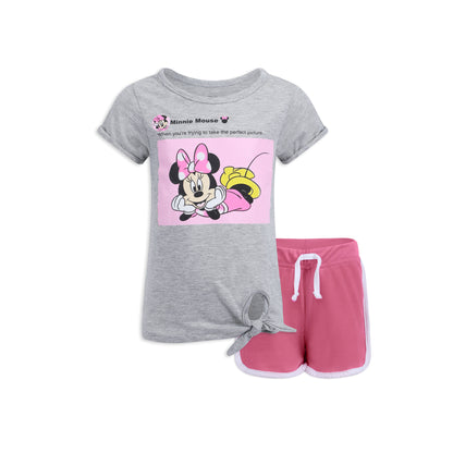 Disney Minnie Mouse Girls’ T-Shirt and Short Set for Toddler and Little Kids – Pink/Grey