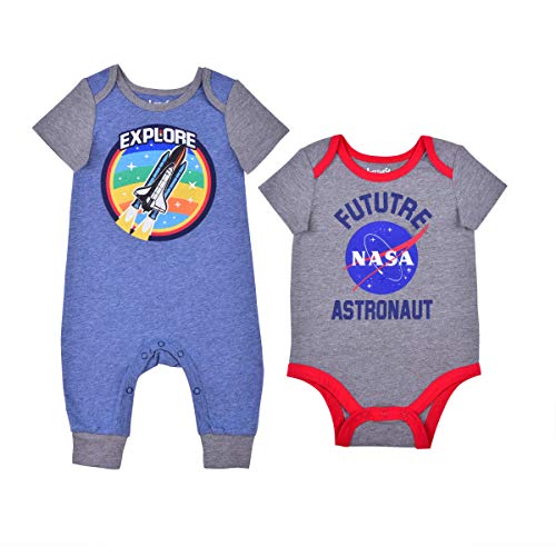 NASA Astronaut Boys’ Short Sleeve Bodysuit and Romper Set for Newborn and Infant - Blue/Grey