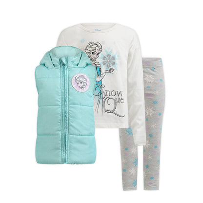 Disney Frozen Elsa Girls’ Long Sleeve Shirt, Vest and Legging Set for Toddler and Little Kids – White/Grey/Blue