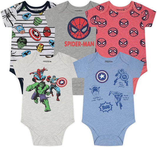 Marvel Avengers Boys? 5 Pack Short Sleeve Bodysuits for Newborn and Infant ? Blue/Red/Grey/White/Yellow/Green