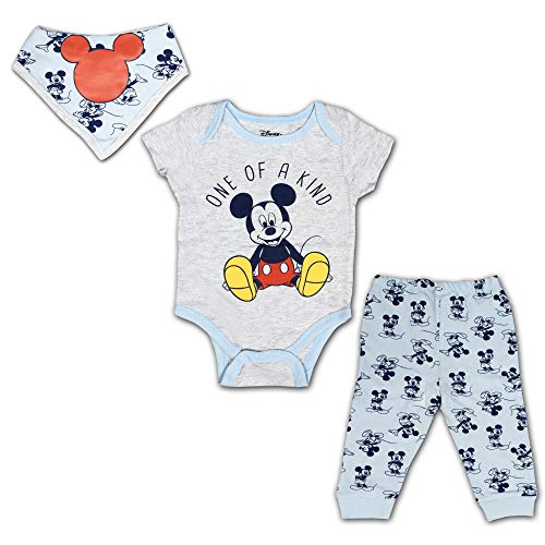 Disney Boys’ Mickey Mouse Bodysuit, Jogger and Bit Set for Newborn – Blue/Red/Gray