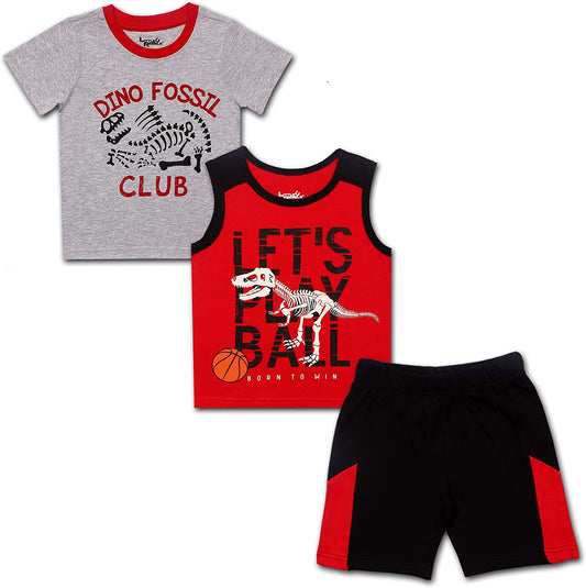 Little Rebels Boy's 3-Pack Dino Fossil Club Tee, Sleeveless Shirt and Short Set, Grey/Red, Size 2T