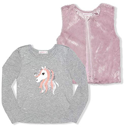 Young Hearts Unicorns Girls’ Long Sleeve T-Shirt and Vest Set for Little Kids – Red/Silver or Pink/Grey