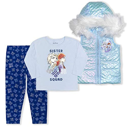 Disney Frozen Elsa and Anna Girls’ Fur Hooded Vest, Long Sleeve Shirt and Legging Set for Toddlers – Blue/Navy