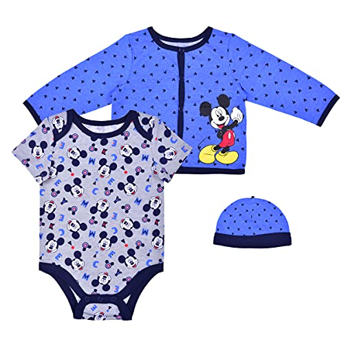 Disney Mickey Mouse Boys’ Bodysuit, Sweater, Jogger and Hat Set for Newborn – Blue/Navy/Grey