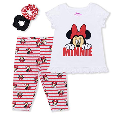 Disney Minnie Mouse Girls’ T-Shirt, Leggings and Scrunchie Set for Toddler and Little Kids – Pink/Grey or Red/White