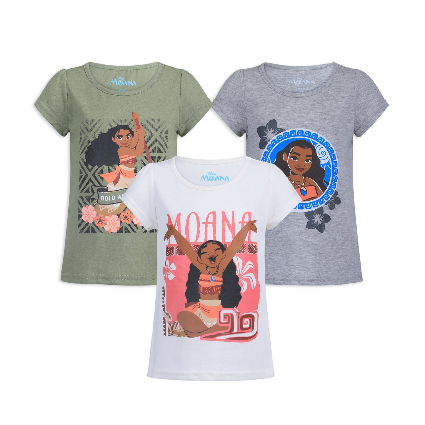 Disney Moana Girls 3 Pack T-Shirts for Toddler, Little and Big Girls - Green/Grey/White