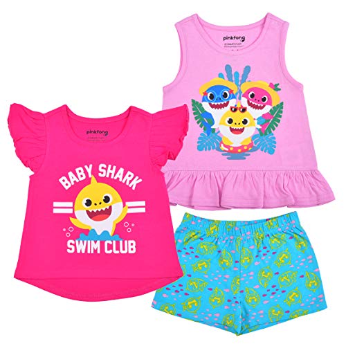 Nickelodeon Baby Shark Girls’ T-Shirt, Tank Top and Short Set for Infant and Toddler – Pink/Blue Or Multicolor/Grey/Blue