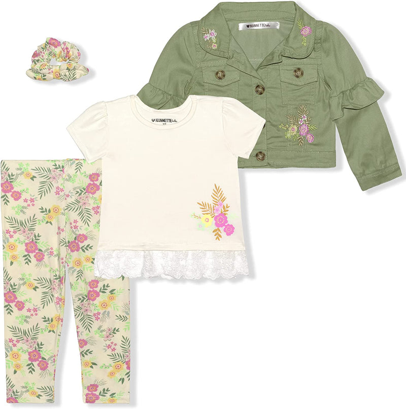 Nannette Girls’ Shirt, Jacket, Legging Pants and Scrunchie Set for Toddler and Little Kids