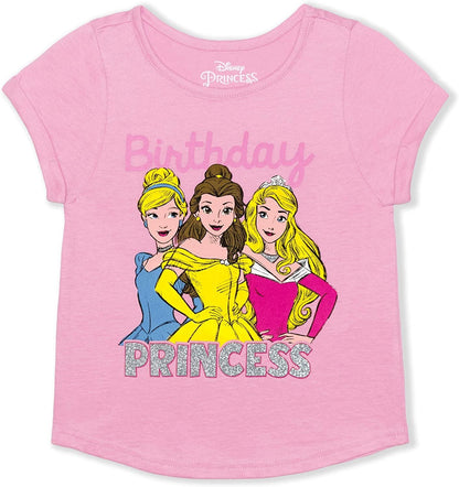 Disney Princess Bella, Cinderella and Aurora Girls’ Birthday T-Shirt for Toddler and Little Kids – Pink