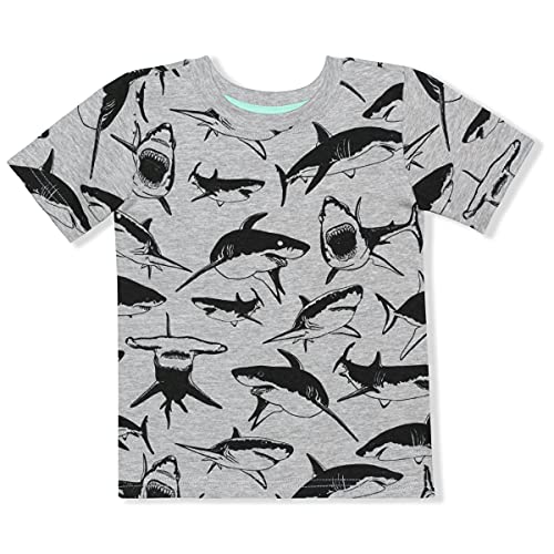 10 Threads Boy's Shark Short Sleeve Summer Tee Shirt, Light Grey