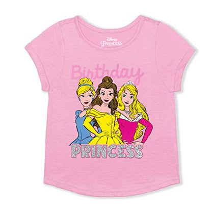 Disney Princess Bella, Cinderella and Aurora Girls’ Birthday T-Shirt for Toddler and Little Kids – Pink