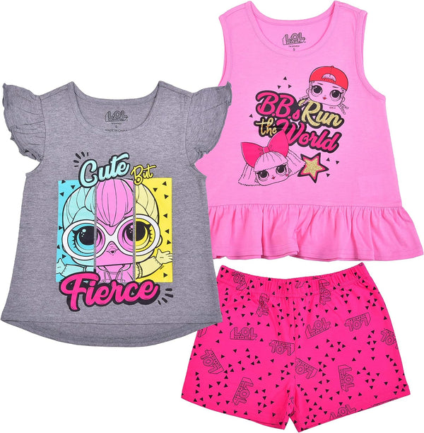 LOL Surprise Dolls Girls T-Shirt, Tank Top and Short Set for Little Kids - Pink/Grey