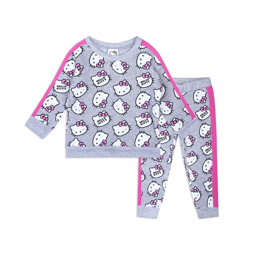 Hello Kitty Girls 2 Piece All Over Print Fleece Crewneck Sweater and Jogger Pant Set - Grey/Pink