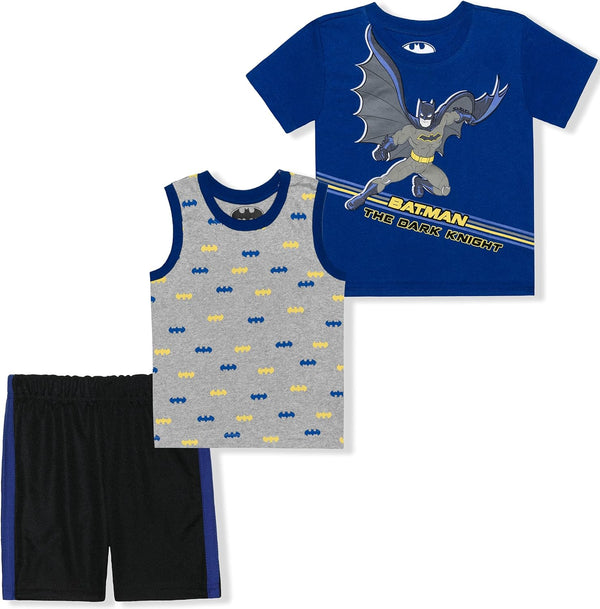 BATMAN DC Comics Boys T-Shirt, Tank Top and Short Set for Toddler and Little Kids ? Blue/Black/Grey or Yellow/Gray/Black