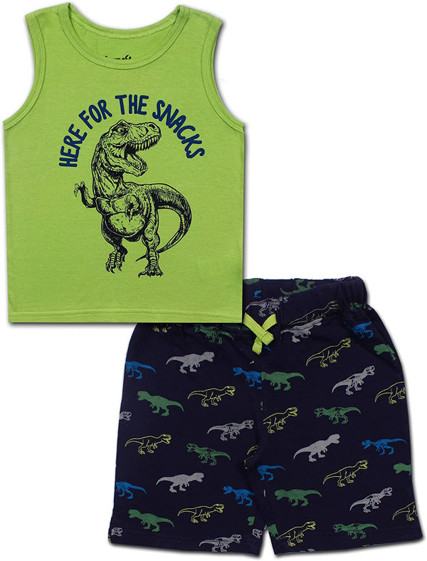 Little Rebels Boy's 2 Pack Here for The Snacks Dino Sleeveless Shirt and Shorts Set, Lime, Size 4