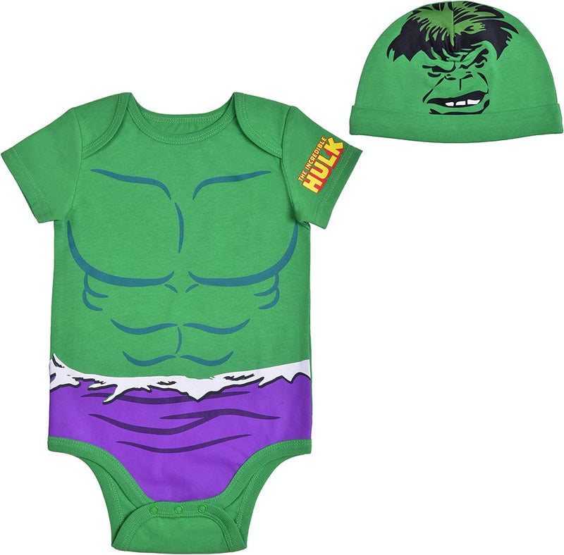 Marvel Boys’ Hulk Costume Bodysuit and Hat Set for Newborn and Infant – Green